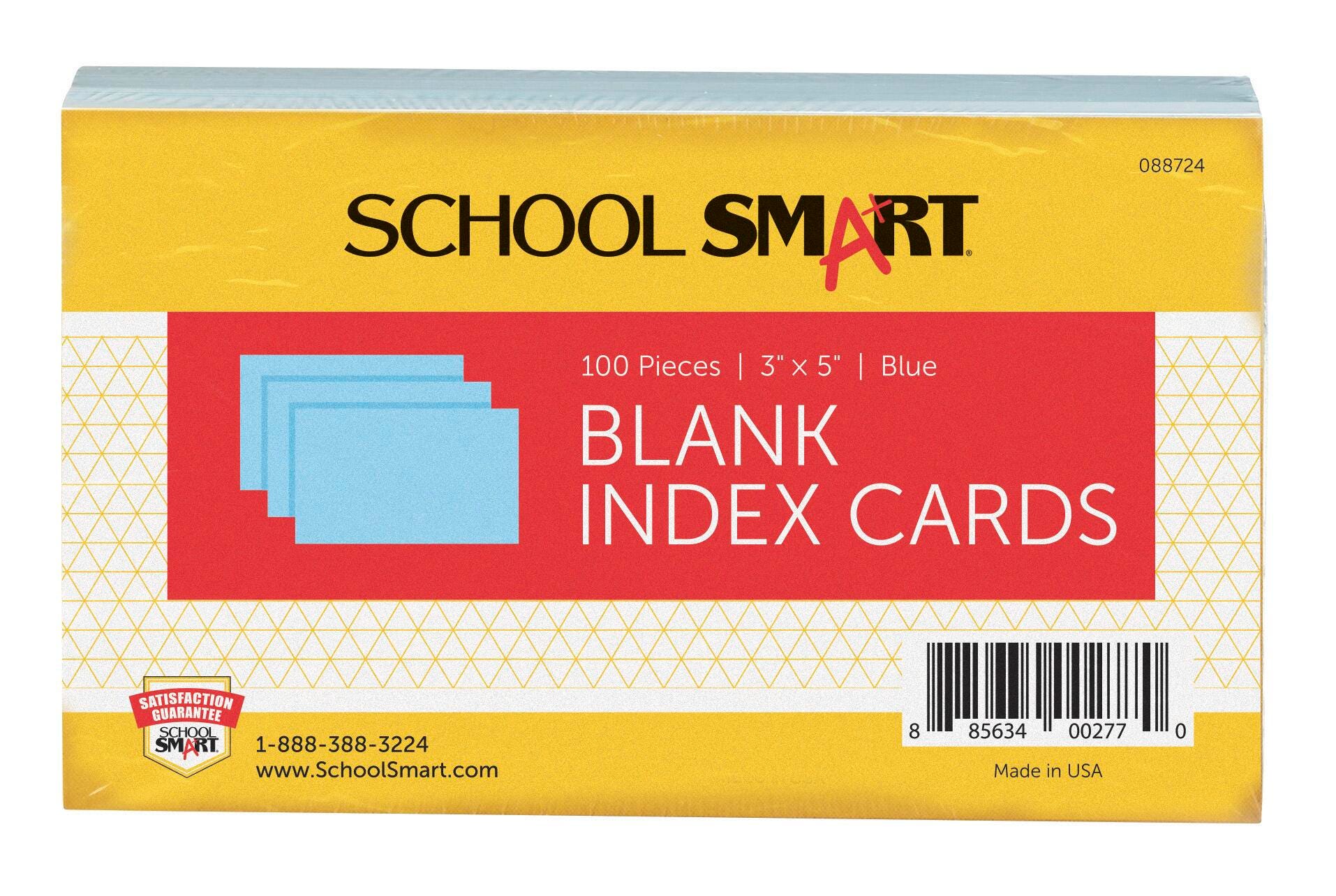 School Smart Blank Plain Index Card, 3 x 5 Inches, Blue, Pack of 100 088724